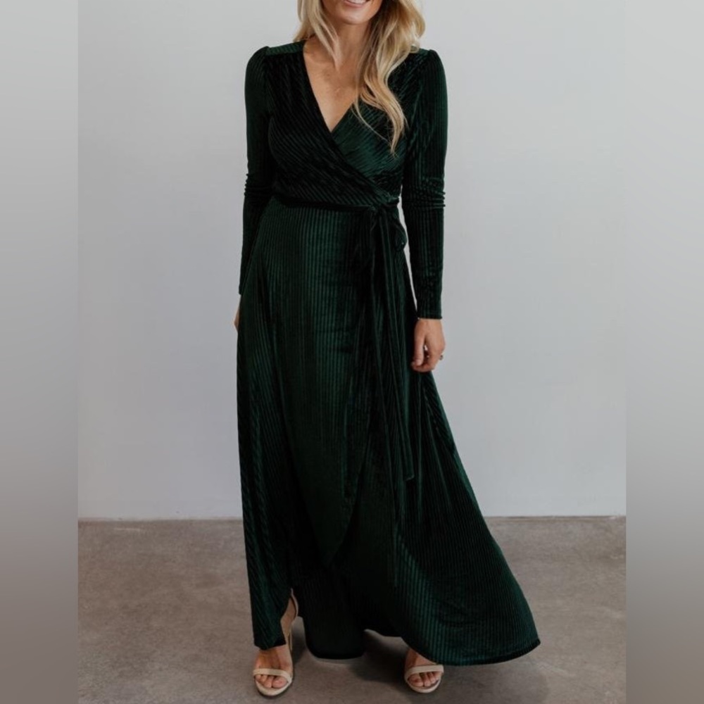 Jada Ribbed Velvet Wrap Dress (Emerald)